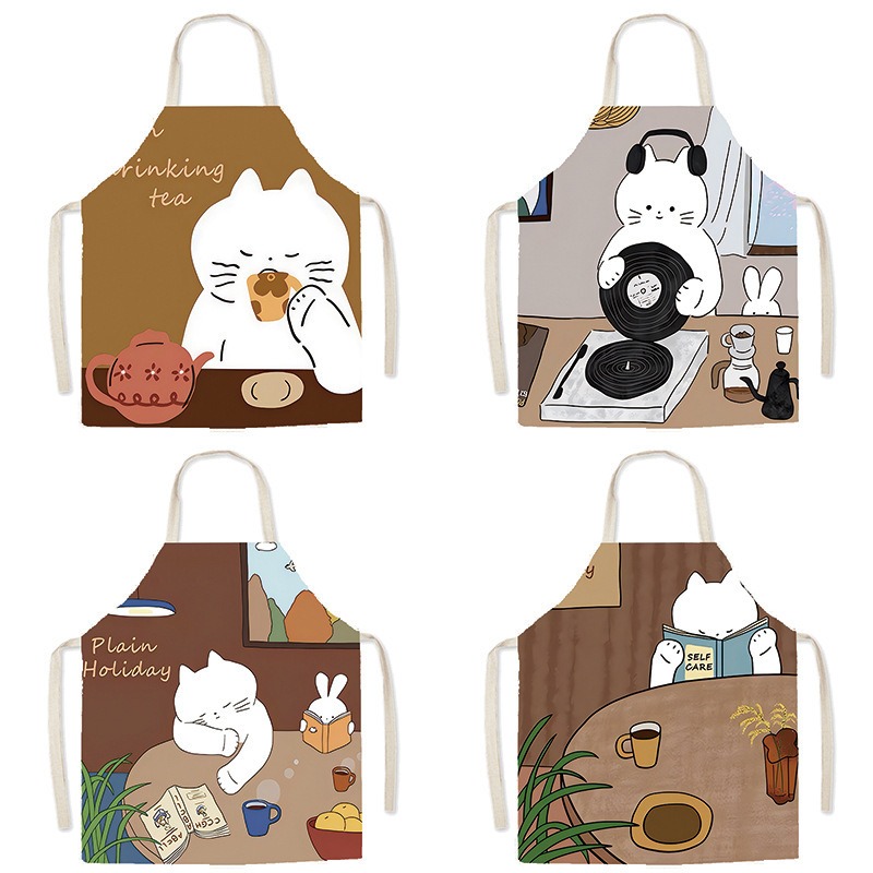 Coffee Tea Knits - Avental estampado com gato branco fofo,