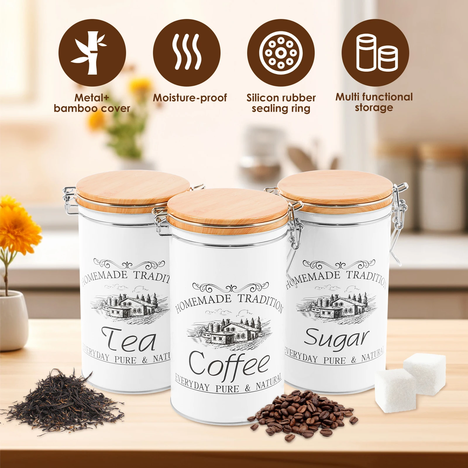 Conjunto de 3 Peças: Latas de  - Coffee Tea Sugar Canister Set avaliação e preço
